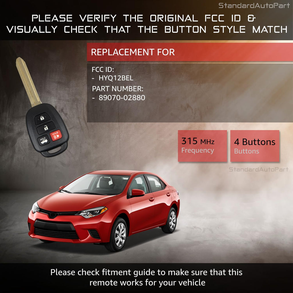 Key Fob Remote for Toyota Corolla HYQ12BEL H Chip 89070-02880 Canadian Vehicles